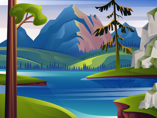Fototapeta na wymiar Forest mountain and river landscape tourism hiking concept. Vector flat graphic design illustration