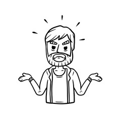 Disgruntled man threw up his hands. Sad character. sorrowful guy. Emotions of malice and unfortunate. Hand-drawn sketch. Unhappy guy