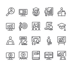 Fototapeta na wymiar Business online digital training line isolated icon set. Vector flat graphic design