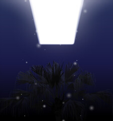 Aesthetic space/ underwater palm tree and bright white neon light, dark surreal tropical illustration