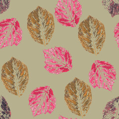 Pink leaves watercolor, bright seamless pattern