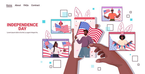 mix race people with usa flags celebrating 4th of july independence day concept men women chatting in web browser windows portrait horizontal vector illustration