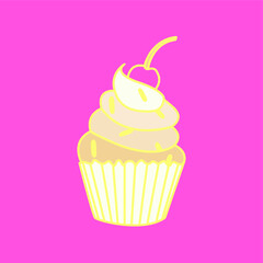Vector doodle illustration with cupcake and cherry on pink background. Cartoon colorful dessert. Sweet cake with cream and berry, for card design, print, wallpaper.