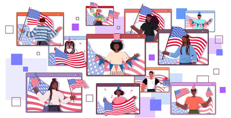 set mix race people holding usa flags celebrating 4th of july independence day concept men women in web browser windows portrait horizontal vector illustration