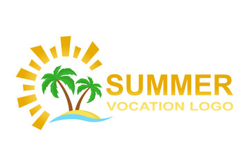 Tropical palm trees island on sandy beach with sun. Summer vacation . Logo design. Vector illustration