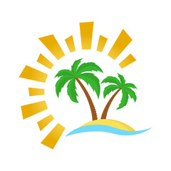 Tropical palm trees island on sandy beach with sun. Summer vacation . Logo design. Vector illustration