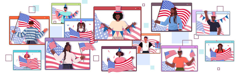 set mix race people holding usa flags celebrating 4th of july independence day concept men women in web browser windows portrait horizontal vector illustration