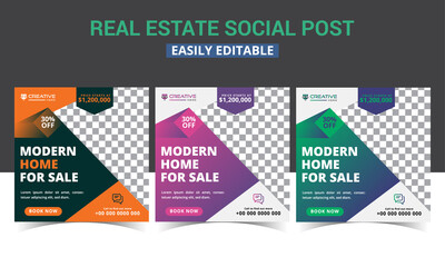 Set of real estate instagram post social media banner template design. Modern home sale social media post layout & digital marketing promo poster, advertising square social media post design.