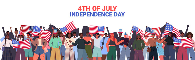 mix race people crowd holding usa flags celebrating 4th of july american independence day concept portrait horizontal vector illustration