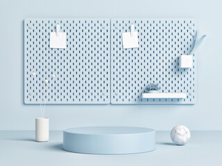 Mockup pedestal for product presentation, blue background, 3d render, 3d illustration