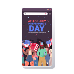 mix race people in festive hats holding usa flags celebrating 4th of july american independence day concept smartphone screen mobile app f portrait copy space vector illustration