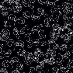 Doodle seamless pattern. Floral lined ornament. Wallpaper, textile, wrapping paper. Black background. Hand drawn Vector illustration.