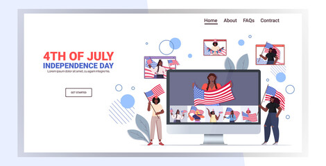 Naklejka na ściany i meble mix race people holding usa flags celebrating 4th of july during video call independence day concept online communication horizontal copy space vector illustration