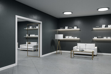 Contemporary living room with shelf with books and white sofa.