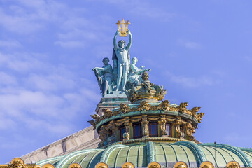 Architectural details of Opera National de Paris (Garnier Palace) - famous neo-baroque opera building designed by Charles Garnier. Paris, France. Opera - UNESCO World Heritage Site.