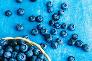 Freshly picked blueberries in wooden bowl. fresh blueberries on a white rustic table. selective focus.
