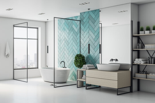 Minimalistic turquoise bathroom interior with bath
