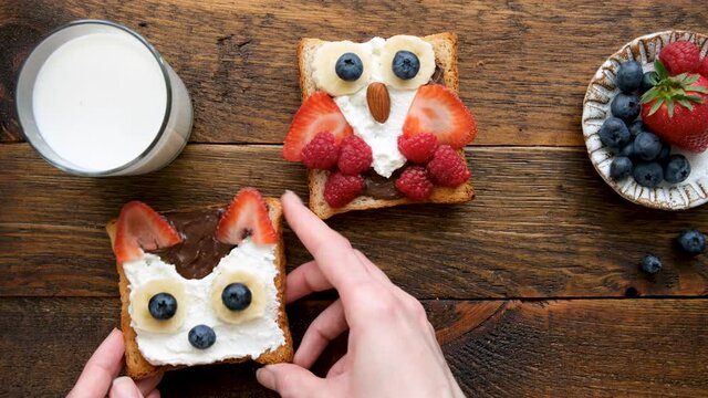 Breakfast toasts for kids shaped as animals. Kids lunch food art. Teddy bear, owl and cat toast with chocolate hazelnut spread, cheese and berries
