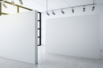 Minimalistic gallery interior with city view and blank wall.