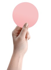 A woman's hand holds a pink sheet with free space for text. Isolated mockup on a white background.