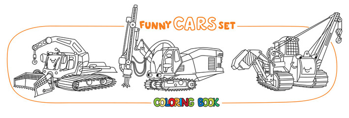 Funny small cars with eyes. Coloring book set