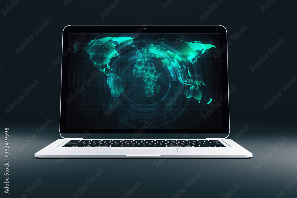 Poster laptop with digital world map interface on screen.