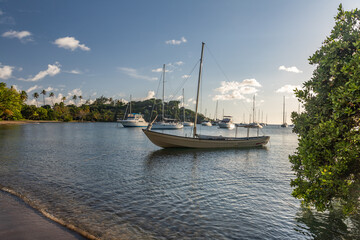 Fototapeta na wymiar Saint Vincent and the Grenadines, boats on mooring in Blue Lagoon