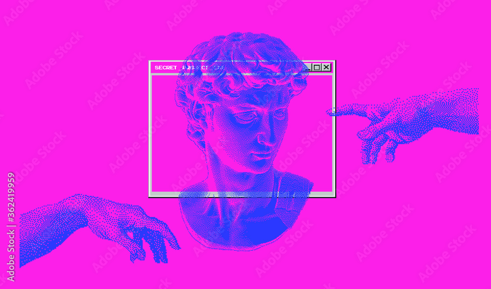 Poster pixel art 3d rendering of michelangelo's david head. retrofuturistic vector illustration in vaporwav