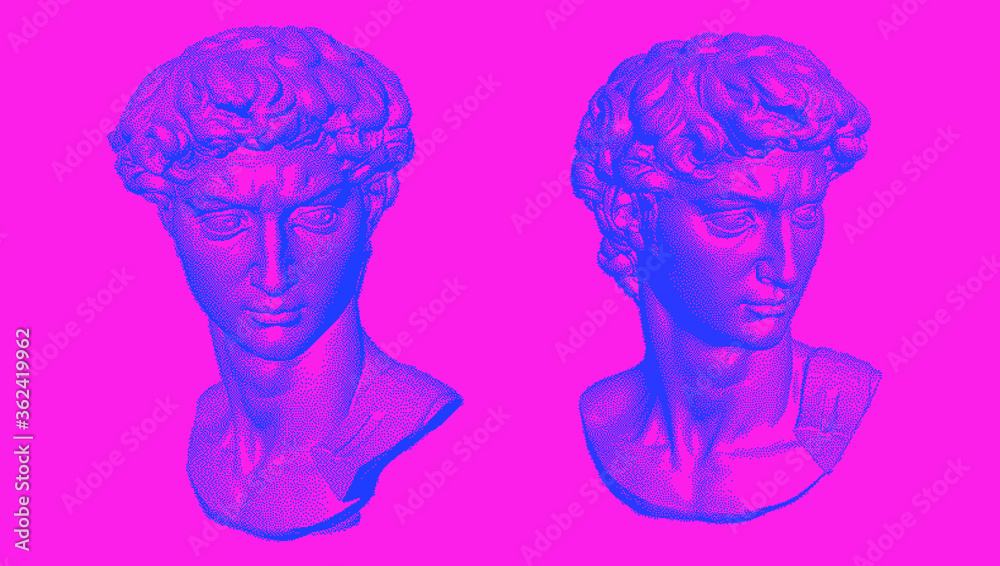 Poster pixel art 3d rendering of michelangelo's david head. retrofuturistic vector illustration in vaporwav
