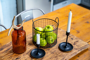 retro phonograph with a record and vintage camera on table. vintage in interior.