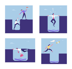 Set of Business People Survive in Crisis, Bankruptcy and Danger Situation Concept. Male and Female Characters on Edge of Deep Pit with Trap on Bottom, Colleague Help. Cartoon Vector Illustration