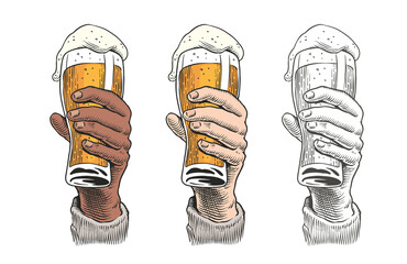 Hand holding a beer glass. Vintage engraving style vector illustration.
