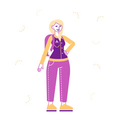 Young Woman Student Wearing College or University Jacket with Backpack Isolated on White Background. Girl Teenager Character School Pupil, Education and Knowledge Concept. Linear Vector Illustration