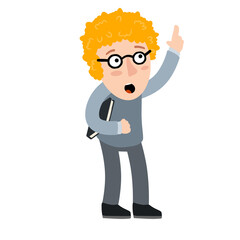 Smart boy point finger up. Nerd glasses with book. Explanation and training. Education at school. Children drawing. Ginger kid. Hand gesture. Flat cartoon