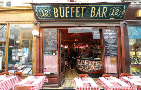 Paris, France-April 22, 2019 : The Buffet Bar is traditional French cafe located in Panoramas passage ,one of the oldest covered passages in Paris.