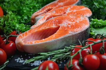 Red fish on a stone plate. Still life with seafood and vegetables. Seafood on a dark background. Sea fish. Red caviar.