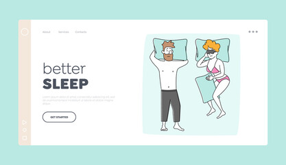 Young Family Couple Male and Female Characters Sleeping Landing Page Template. Naked Man Wearing Pajama Sleep on Back with Hands under Head. Woman Hugging Pillow. Linear People Vector Illustration