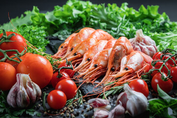 Large prawns on a stone plate. Still life with seafood and vegetables. Seafood on a dark background.