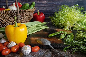 Still life with various types of fresh vegetables in a baskets. Concept of healthy eating.