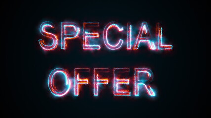 The phrase Speial offer, computer generated. Burning inscription consists of capital letters. 3d rendering of colorful trading background.