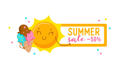 Summer Sale Banner with Cute Sun Eating Ice Cream. Cartoon Character, Kawaii Personage Enjoying Summer Spare Time, Sweet Food. Summertime Activity and Relax, Store Discount Offer. Vector Illustration