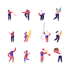 Set of Tiny Male and Female Characters with Huge Spoon, Champagne Bottle and Sweets, Cane Sugar, Fork and Pasta with Cupcake and Shrimp on Skewer. People Celebration Fest. Cartoon Vector Illustration