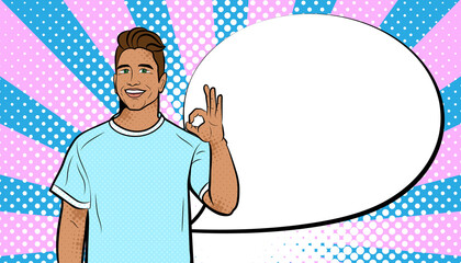 Young man in pop art style. Background in comic style retro pop art. Illustration for print advertising and web.