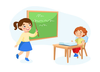 Primary Education, Back to School Concept. Little Schoolboy Character Sitting at Desk Rising Hand to Answer Lesson front of Blackboard with Teacher Explaining Class. Cartoon People Vector Illustration