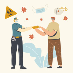 Police Woman Fine Male Character who Violate Isolation and Mask Regime during Covid19 Pandemic Quarantine. Police Patrol Control People due to Global Virus Spreading. Linear People Vector Illustration