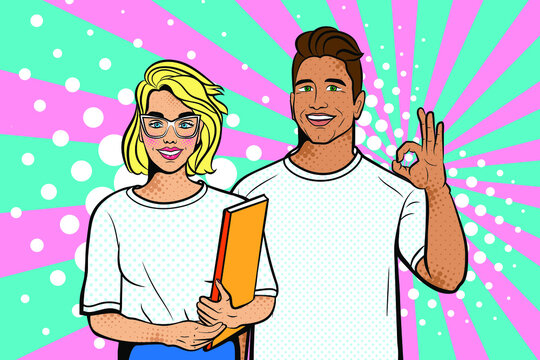 Woman with a man in pop art style. Vector background in comic style retro pop art. Illustration for print advertising and web.