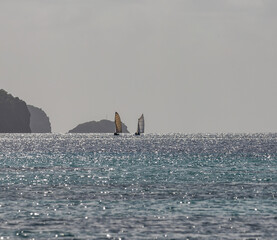 Two sailboats in Admiralty bay in Bequia, Saint Vincent and the Grenadines,