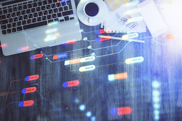Multi exposure of data theme drawing hologram over topview work desk background with computer....