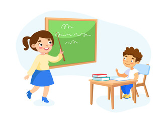 Education, Back to School Concept. Little Schoolboy Character Sitting at Desk with Textbooks and Notebooks in front of Blackboard with Teacher Explaining Lesson. Cartoon People Vector Illustration