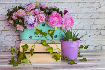 Home pot with green cactus flower.